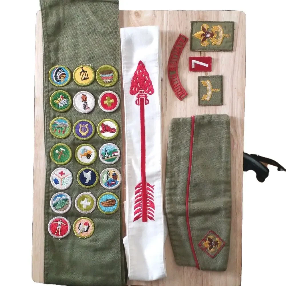 Vtg BSA Boy Scout Lot 50s 60s Vigil Honor OA Sash, Merit Badge Sash, Patches